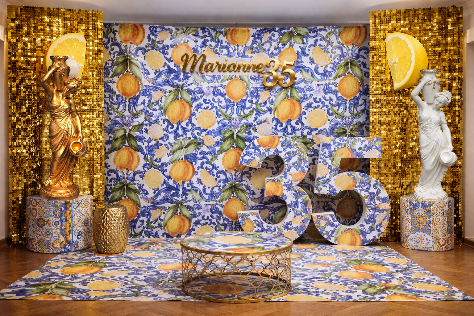 Decorative setup with statues, table, and colorful backdrop featuring lemons amalfi themed photozone 7skyrent for hire