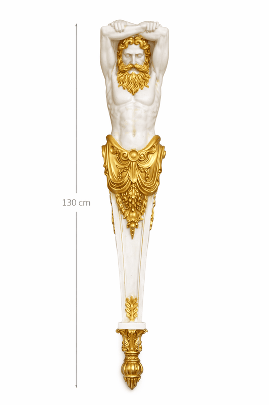 Neoclassical Atlante wall sculpture, male caryatid architectural figure with gold accents, 130 cm decorative wall statue.
