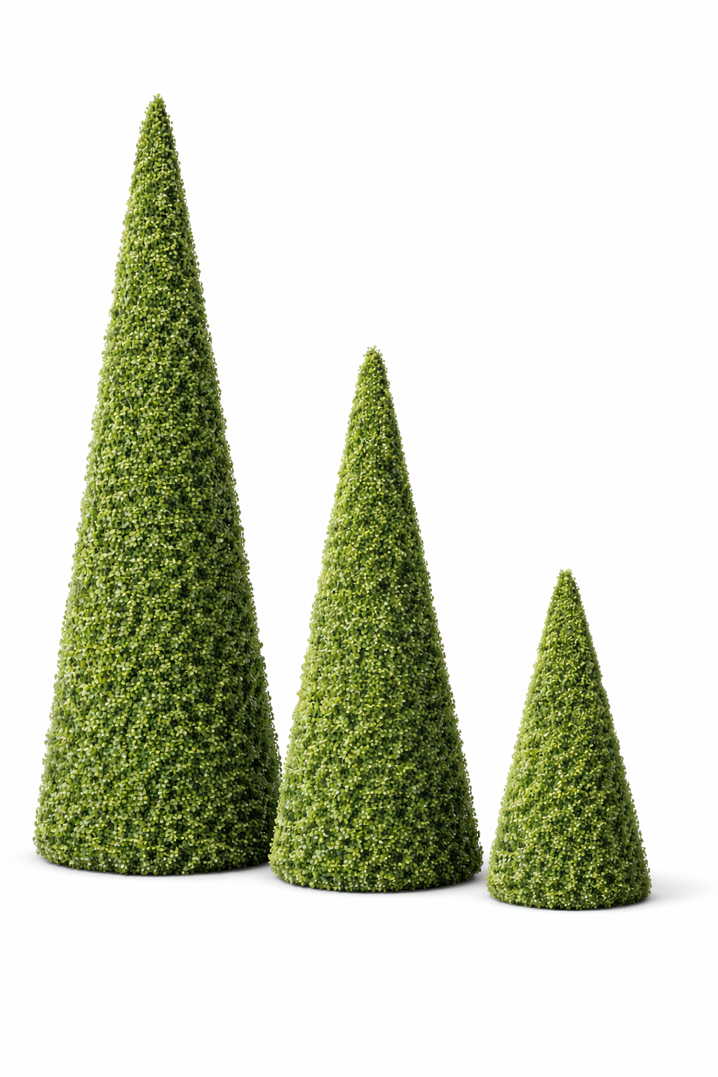 Artificial boxwood topiary cones for event rental in three sizes