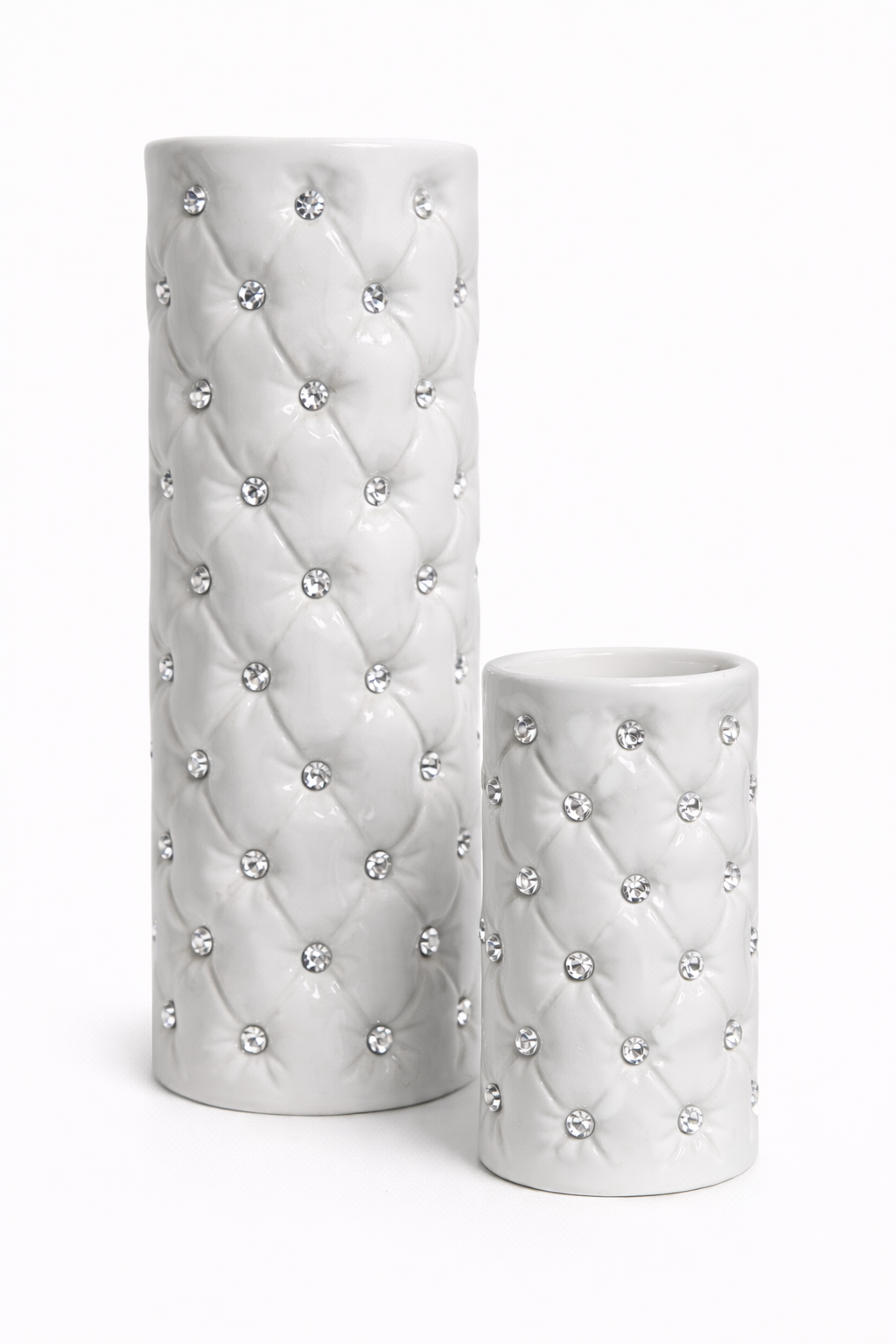 Chesterfield style white ceramic cylinder vase with crystal detailing luxury table centerpiece