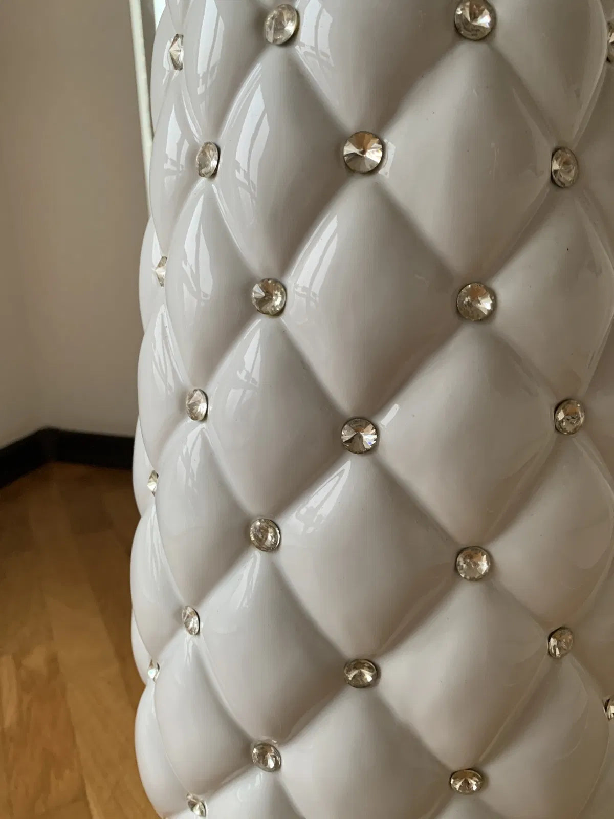 White gloss ceramic vase with crystal buttons Chesterfield style wedding table decor