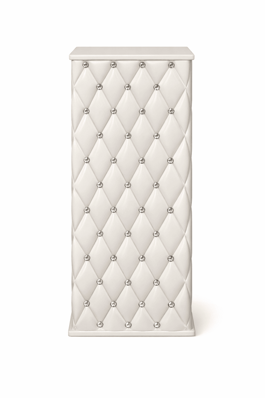 Glossy white Chesterfield style decorative column with diamond tufting and crystal buttons for event décor rental.