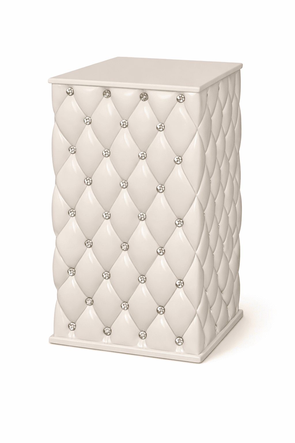 White decorative cabinet with diamond pattern and embellishments on a white background
