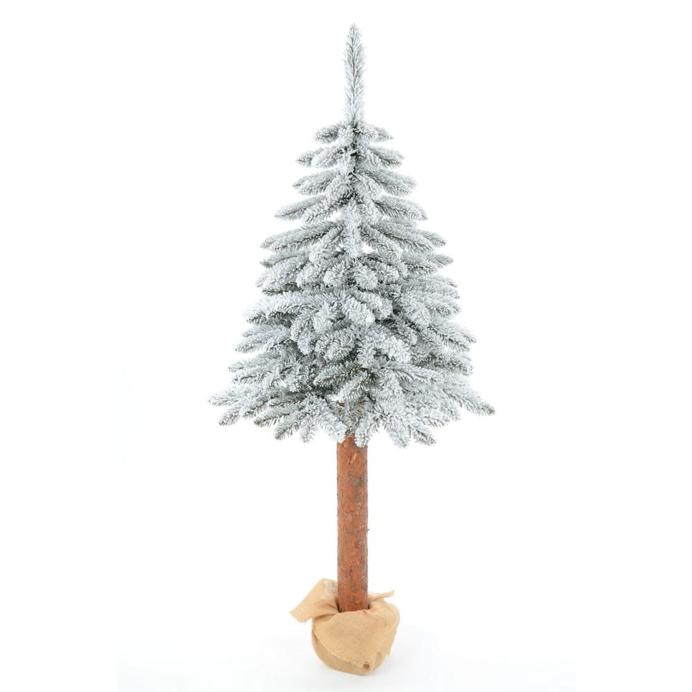 Charming 160cm flocked artificial Christmas tree on a real wooden trunk with a burlap base for holiday display rental.