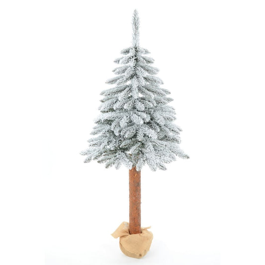 Charming 160cm flocked artificial Christmas tree on a real wooden trunk with a burlap base for holiday display rental.