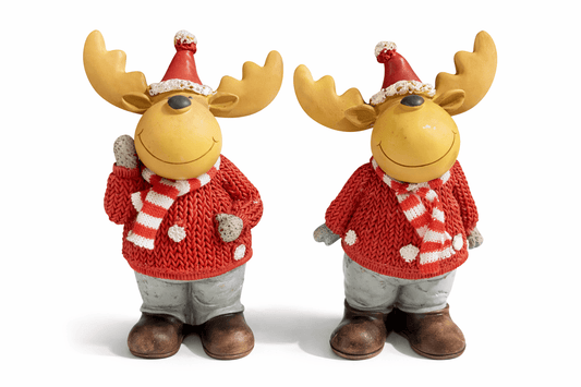 Whimsical reindeer figurine rental Riga, funny Christmas moose decor hire Latvia, 14cm ceramic holiday statue Riga, cozy Scandinavian winter props, premium tabletop festive decoration Baltic.