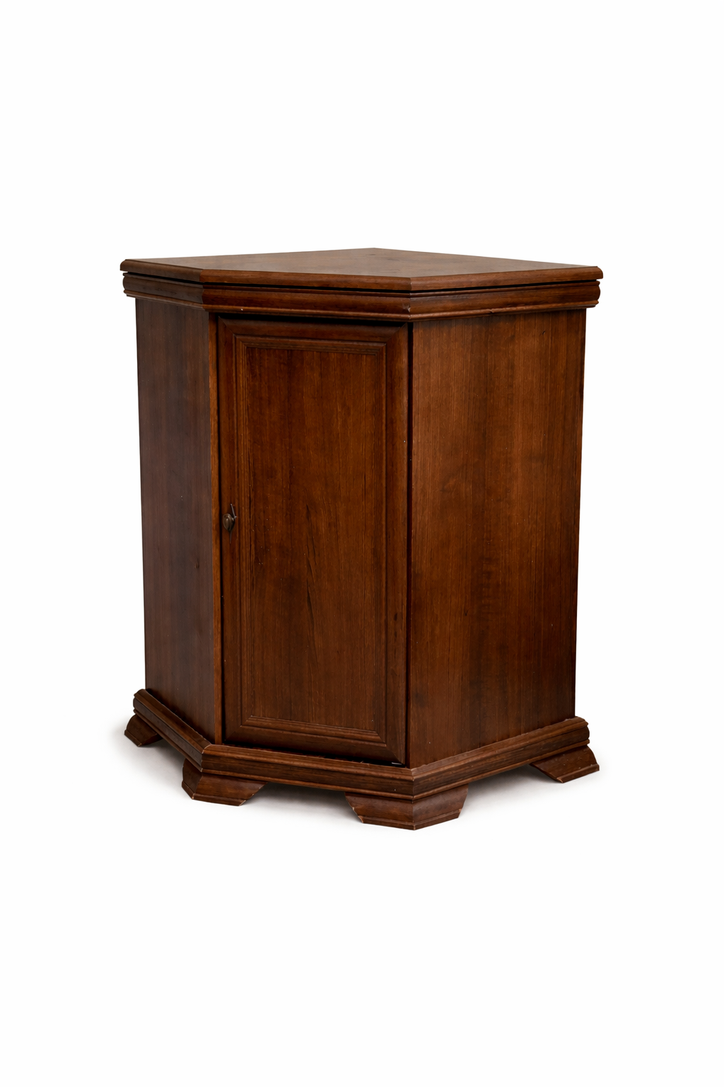 Dark wood corner cabinet with curved front for cigar lounge event decor