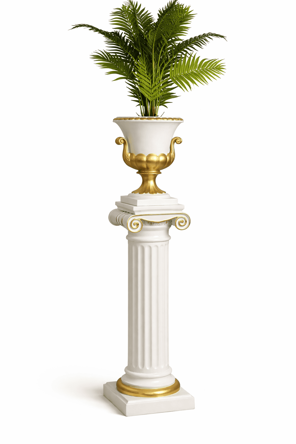 White and gold neoclassical column pedestal with decorative urn on top, classical event décor.