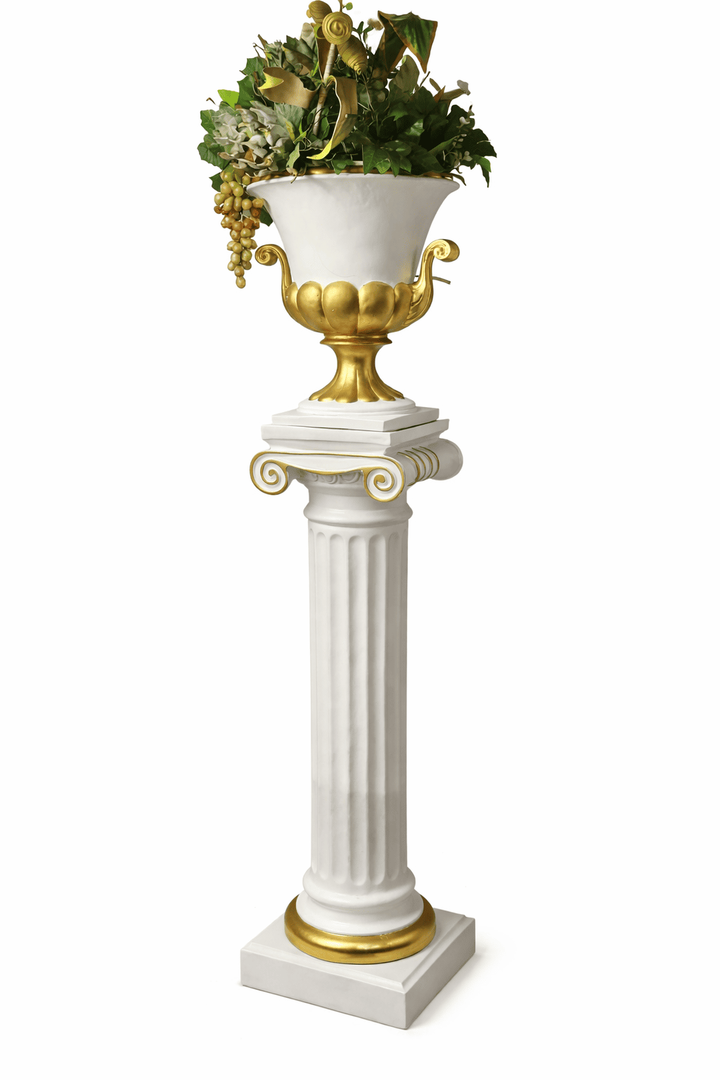 Decorative urn with gold accents on a white pedestal against a white background