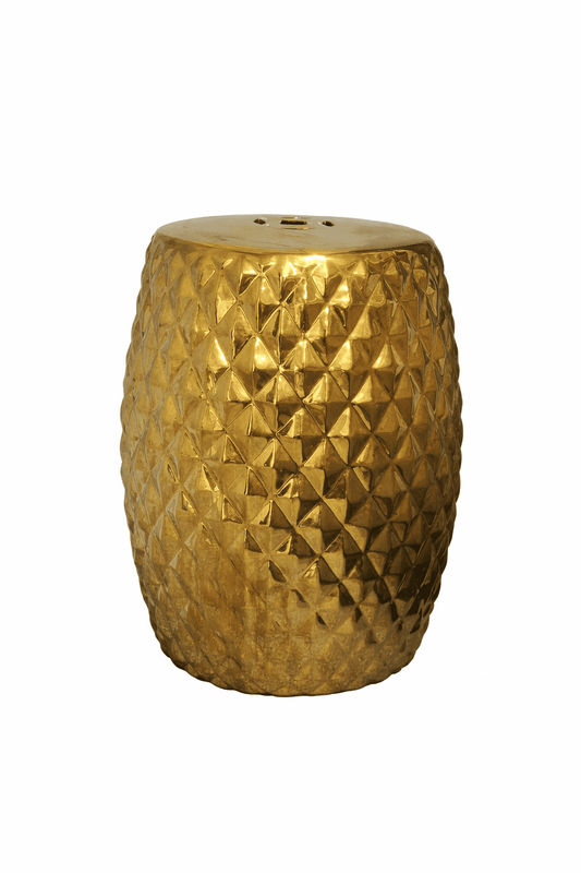 Glossy gold decorative pedestal stool with geometric texture, versatile event décor stand or side table.