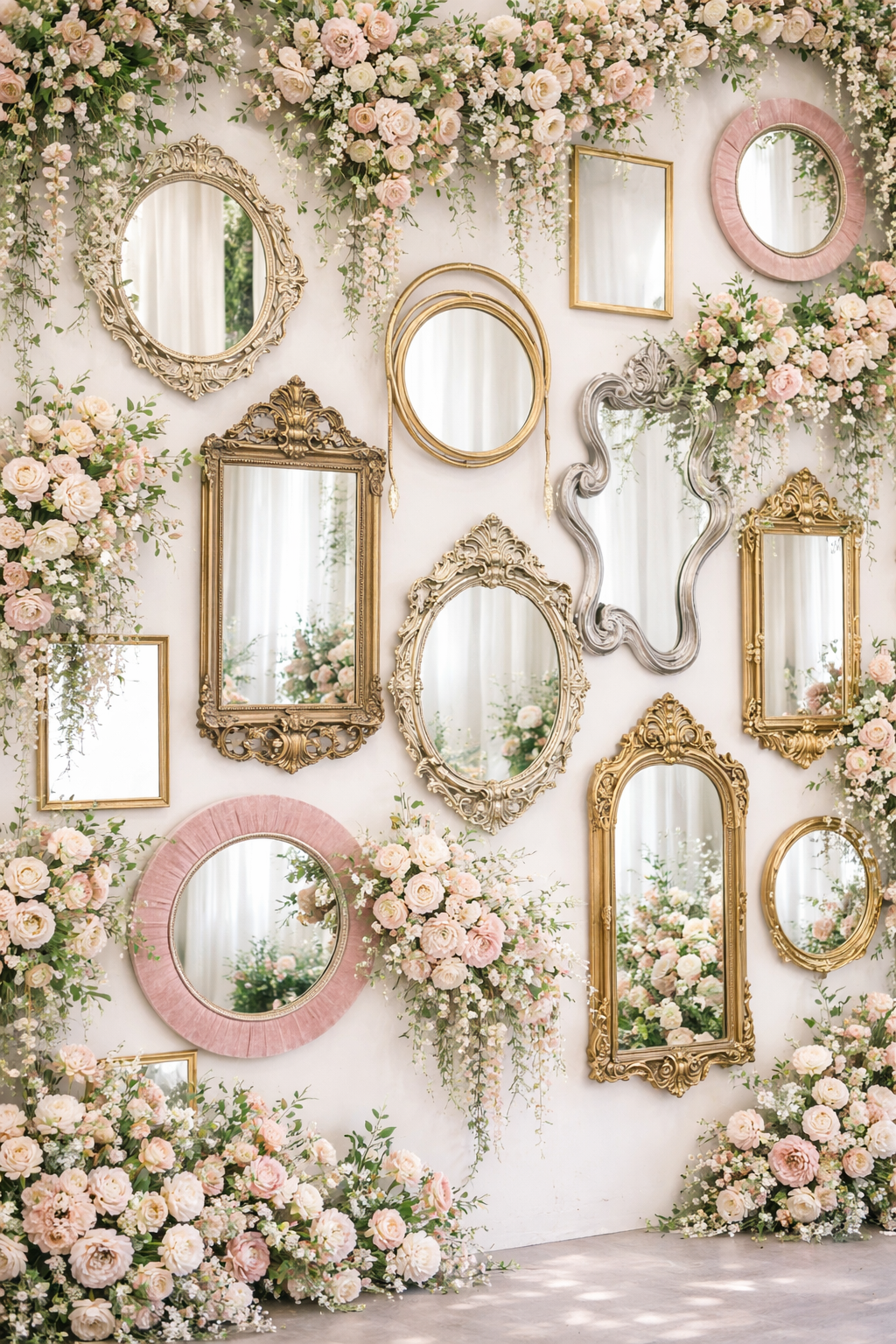 mirror wall event decor with gold mirrors and hanging flowers luxury wedding backdrop 7skyrent