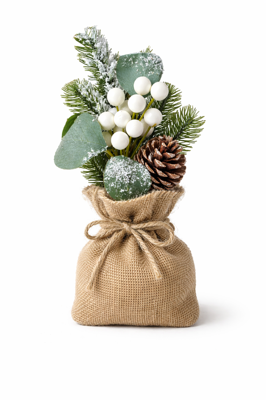 Mini Christmas centerpiece rental Riga, small winter bouquet hire Latvia, 22cm holiday table decor Riga, rustic burlap sack festive arrangement, commercial restaurant Christmas props Baltic.