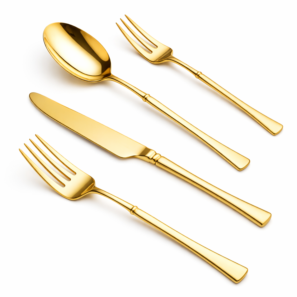 Elegant lightweight gold cutlery set including spoon knife and forks available for rental from 7skyrent for weddings and luxury table settings.