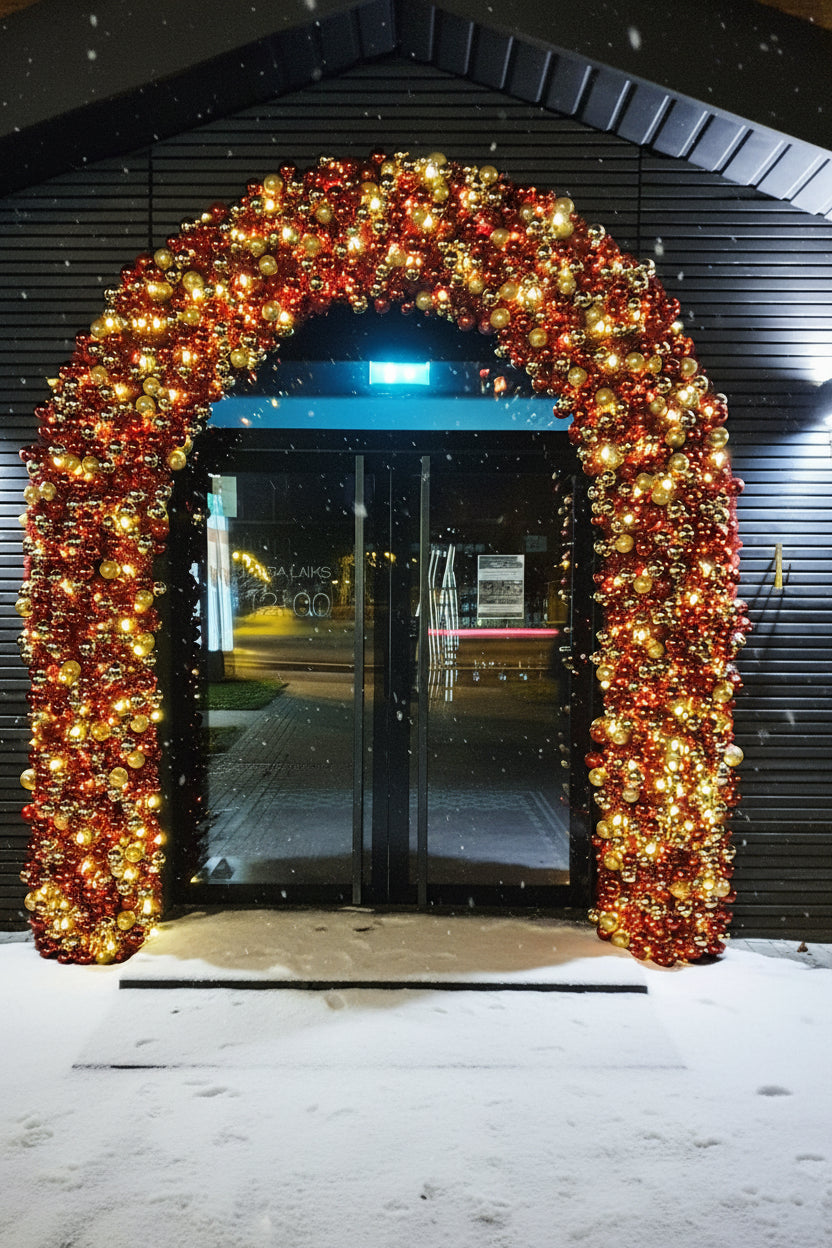 Where to rent Christmas arch props Riga, commercial entryway holiday decor hire Latvia, large pre-lit doorway arch decoration Riga, where to rent Christmas decor in Riga, outdoor festive entrance gate Baltic, luxury shopping mall holiday installation.