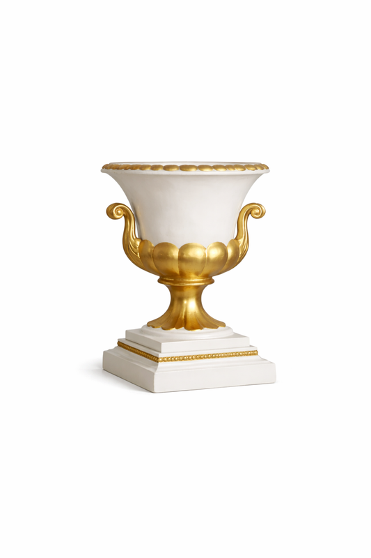 White and gold neoclassical decorative urn with scroll handles and tiered square pedestal base.