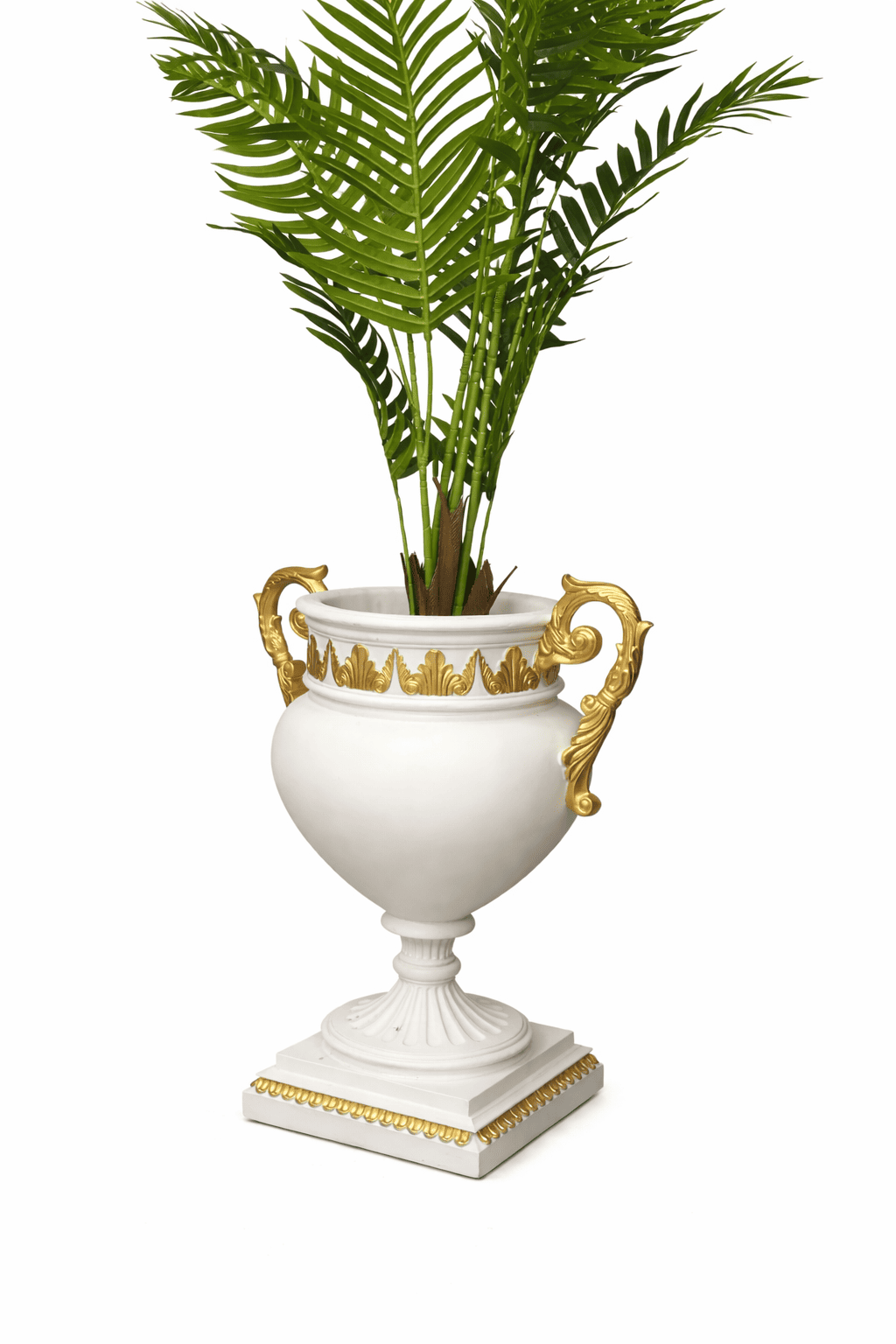 White and gold neoclassical decorative urn with ornate handles and pedestal base.