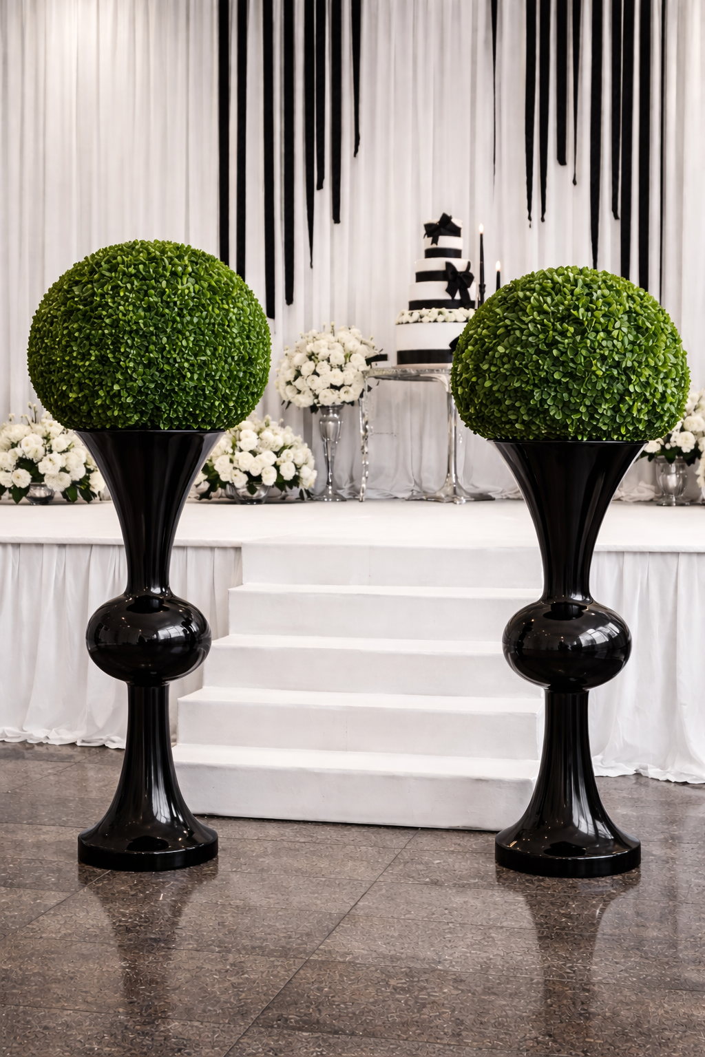 Black tall decorative vase stand for gala events, weddings and luxury event design Tall black event decor pedestal vase for wedding stage and ceremony aisle