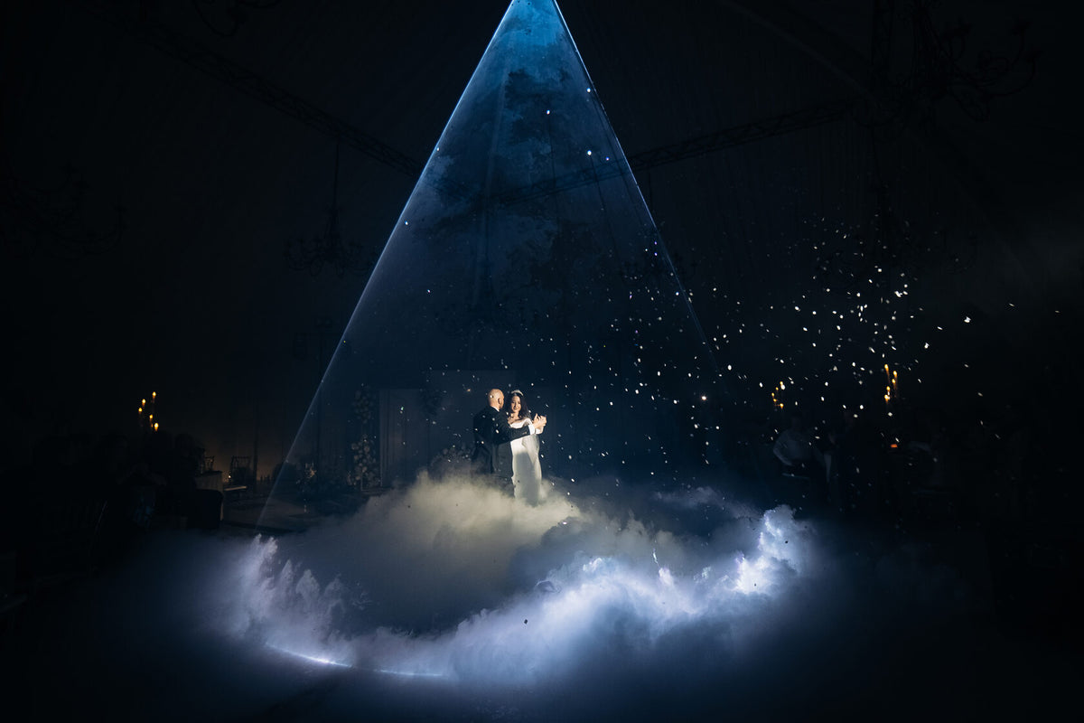 White laser rental in Riga for weddings, first dances and events. 1-day rental. Stands, truss, smoke and snow machines available. Delivery and installation extra.