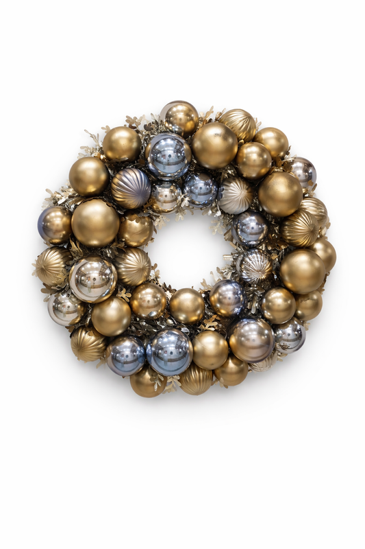 Bauble wreath rental Riga, large luxury Christmas wreath hire Latvia, gold and silver chrome holiday decor, commercial Christmas decorations Riga, elegant modern event wreaths Baltic.