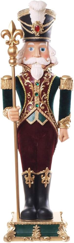 Luxury 90cm bordeaux and green velvet nutcracker statue with a gold scepter and rhinestones for holiday rental.