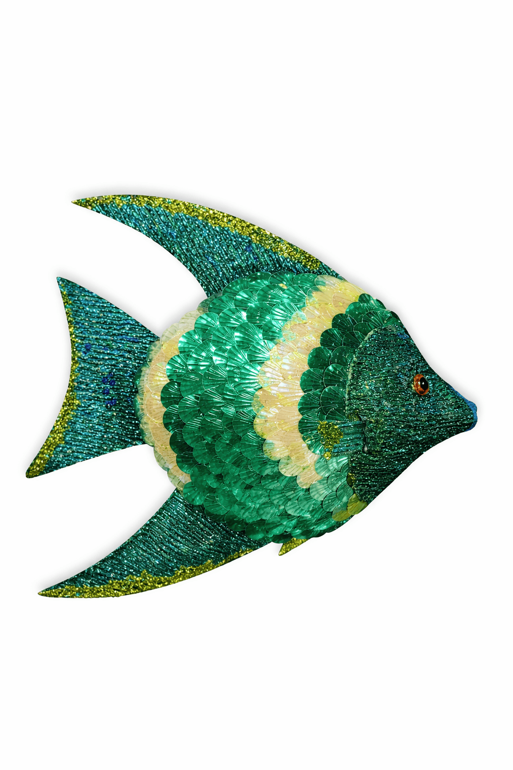 D fish event decor rental Riga, large sequin fish ornament hire Latvia, tropical Christmas tree decorations Riga, ocean theme party props rental, luxury visual merchandising decorations Baltic.