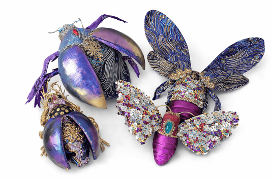 Jeweled insect decor rental Riga, luxury beetle Christmas ornaments hire Latvia, avant-garde holiday props Riga, large iridescent scarab beetle decor, exotic event design rental Baltic