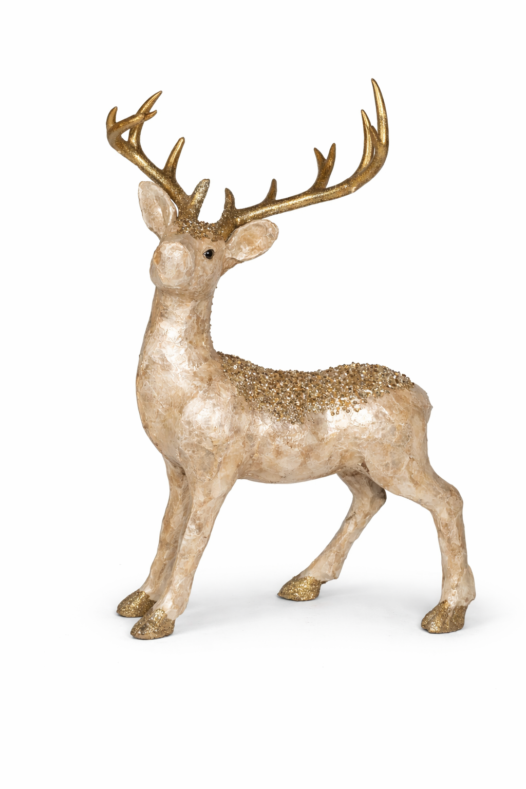Luxury Venetian Christmas decor rental Riga, exclusive pearl reindeer prop hire Latvia, 35cm pearlescent stag statue Riga, premium Venetian theme holiday display Baltic, rare gold and pearl centerpiece hire.