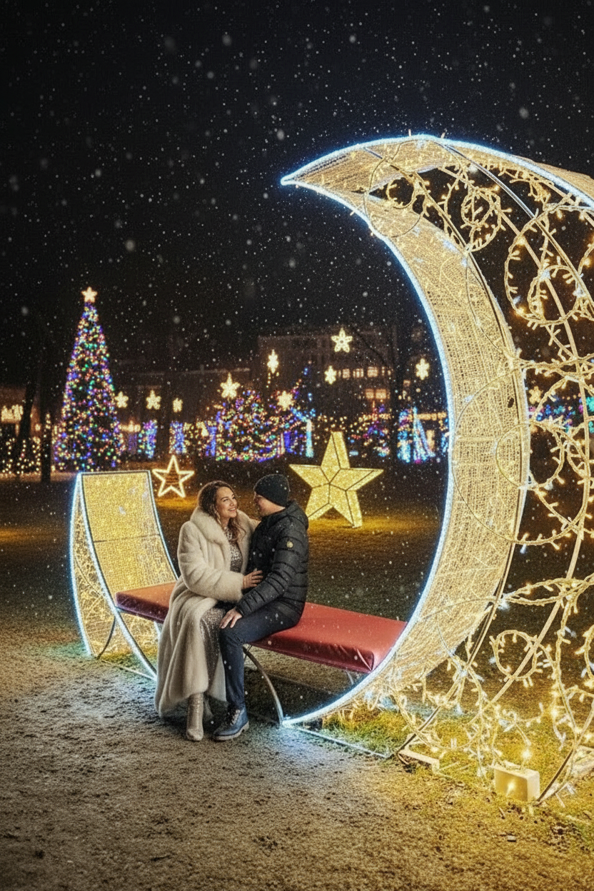 Giant 280cm illuminated crescent moon bench light sculpture for outdoor Christmas and New Year event rental.