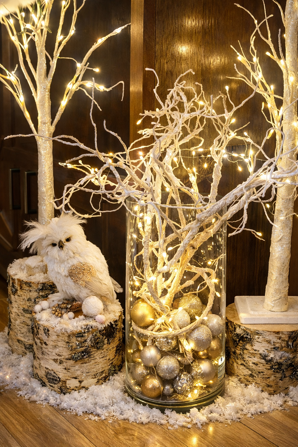 A festive holiday decoration arrangement featuring a tall glass vase filled with white branches, gold and silver ornaments, and warm fairy lights, alongside birch log pedestals with a white owl figurine and more illuminated branches on a wooden floor.