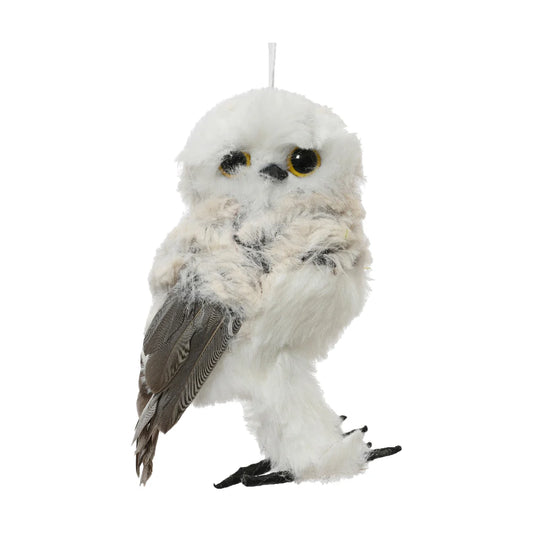 Tactile 11cm plush white snowy owl hanging ornament with realistic wings for Christmas tree rental.