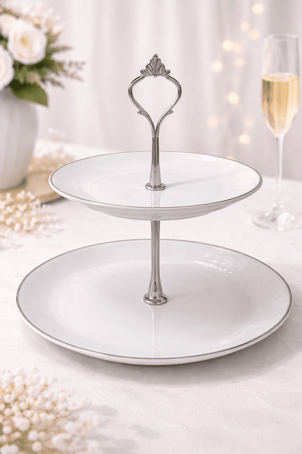 two tier white porcelain dessert stand with silver handle for candy bar and event table rental by 7skyrent