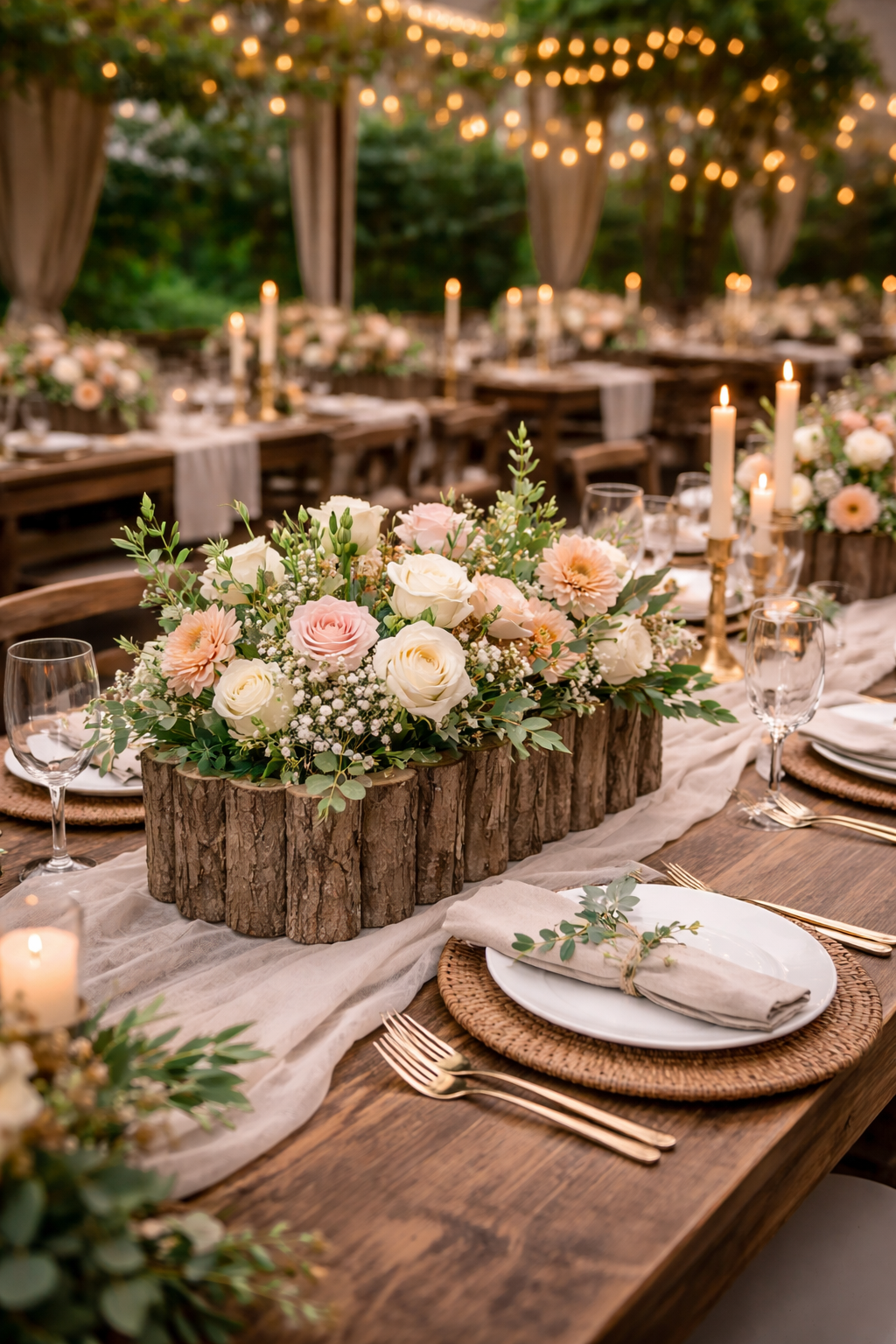 Rustic wooden rectangular planter box with flowers wedding table centerpiece