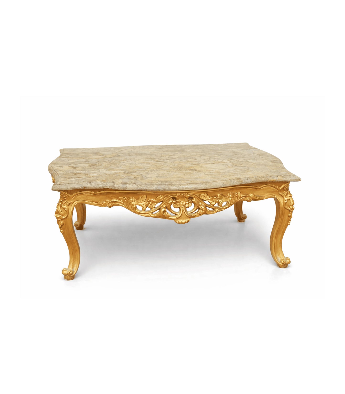 French rococo style gold coffee table with natural marble