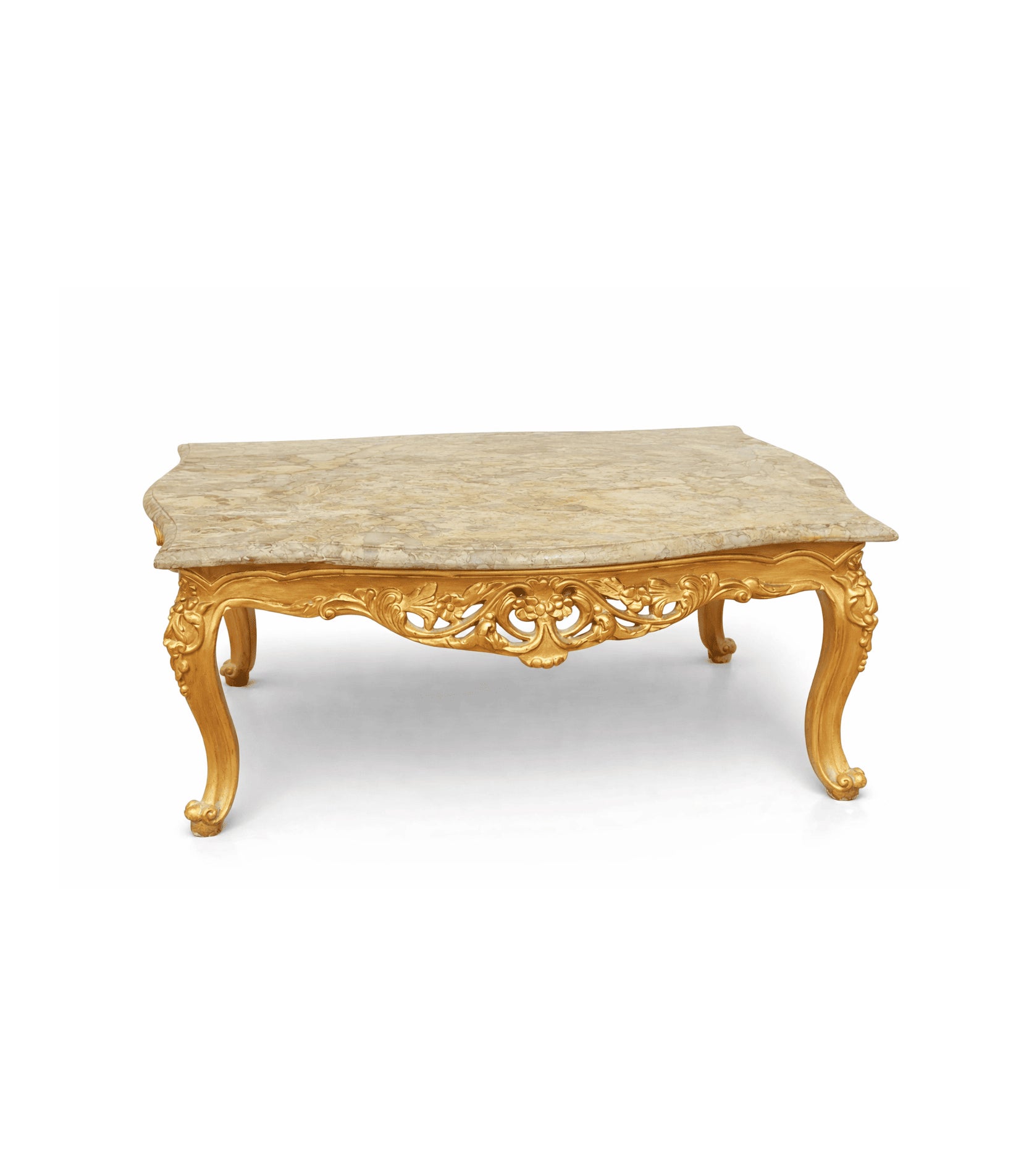 French rococo style gold coffee table with natural marble