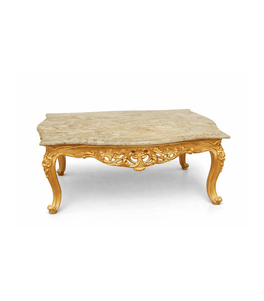 French rococo style gold coffee table with natural marble