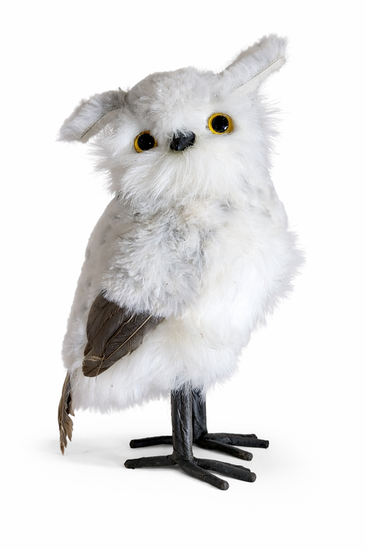 Tactile 14cm plush white snowy owl figurine with brown feathered wings for cozy winter display rental.