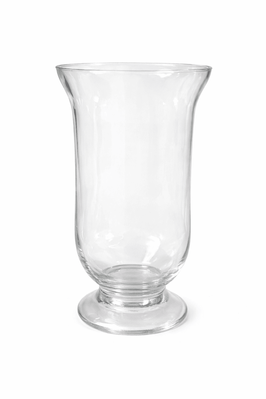 Clear glass hurricane vase on a white background