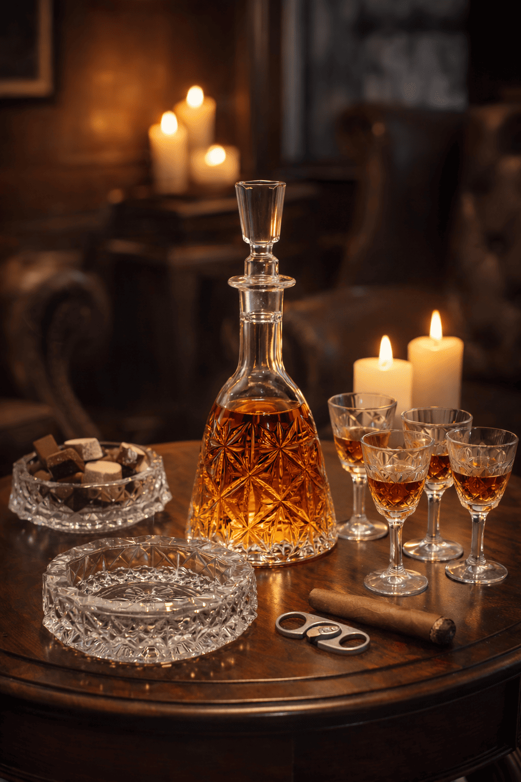 vintage crystal decanter with cognac and liqueur glasses crystal lounge set rental by 7skyrent