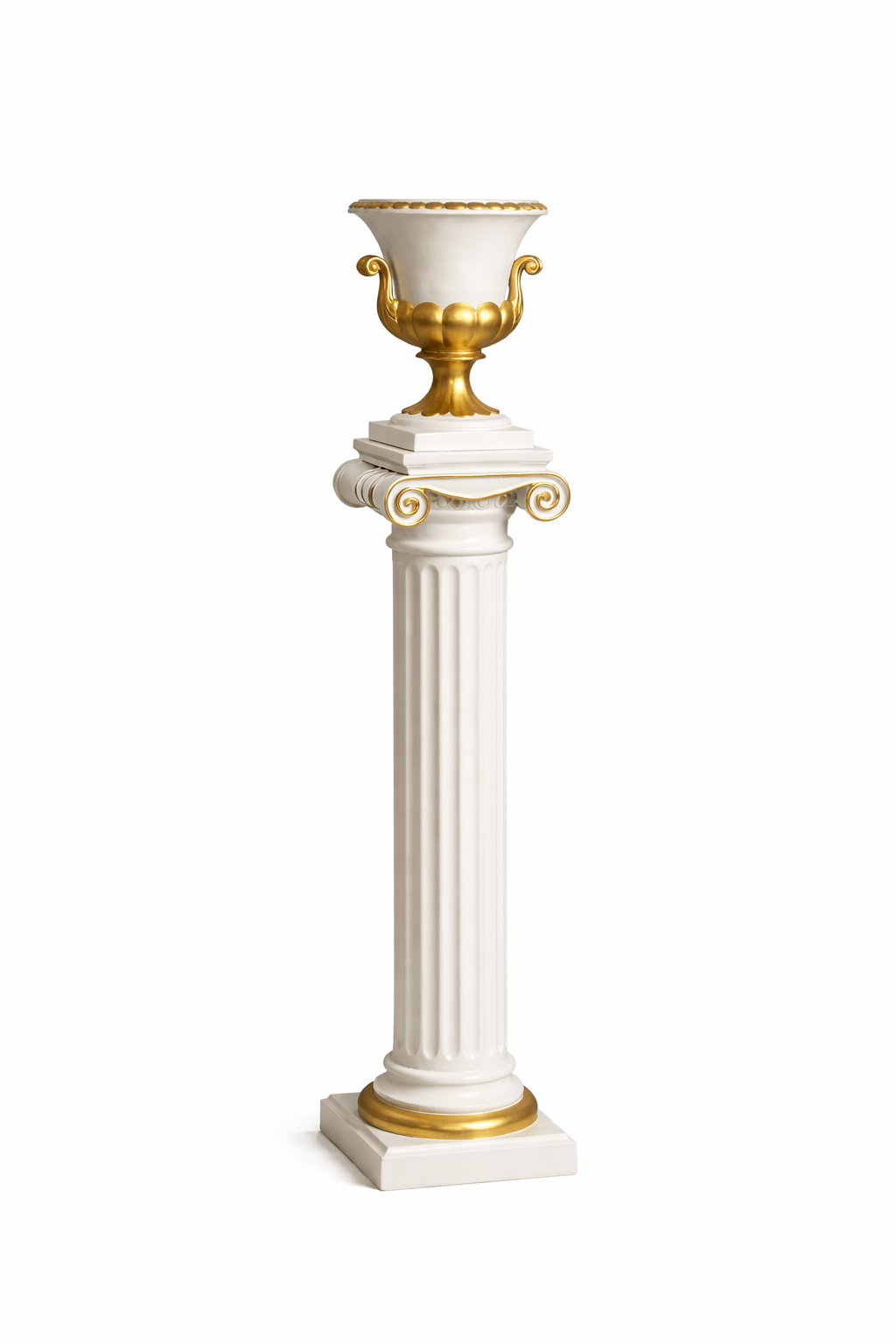 Decorative column with a gold urn on a white background