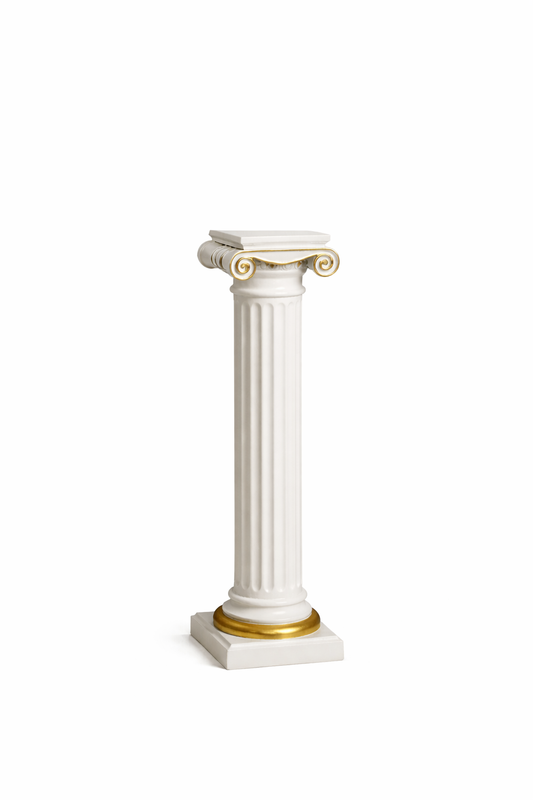 White and gold neoclassical fluted column pedestal with Ionic capital for event décor.